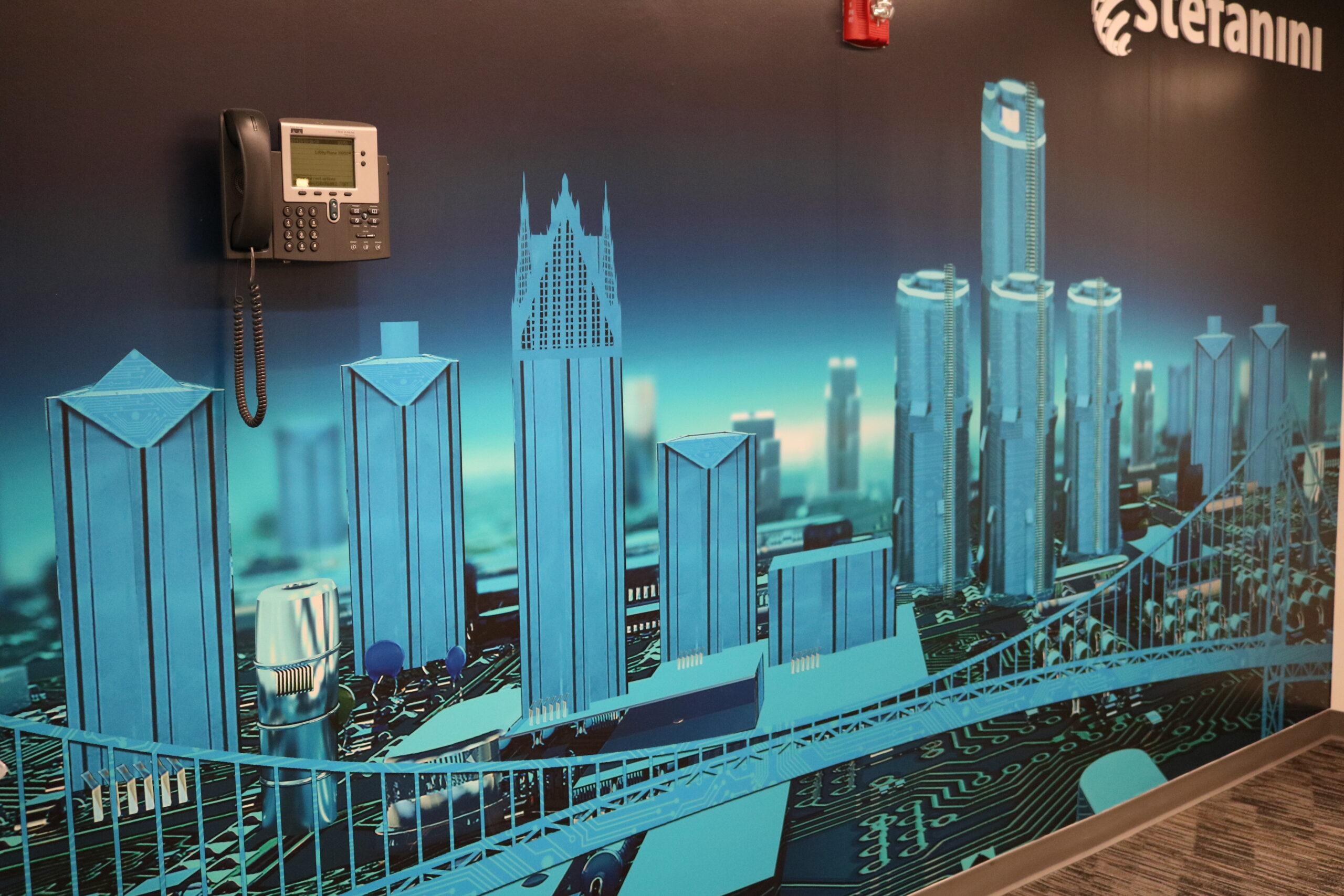 Wall graphic of a circuit style Detroit skyline