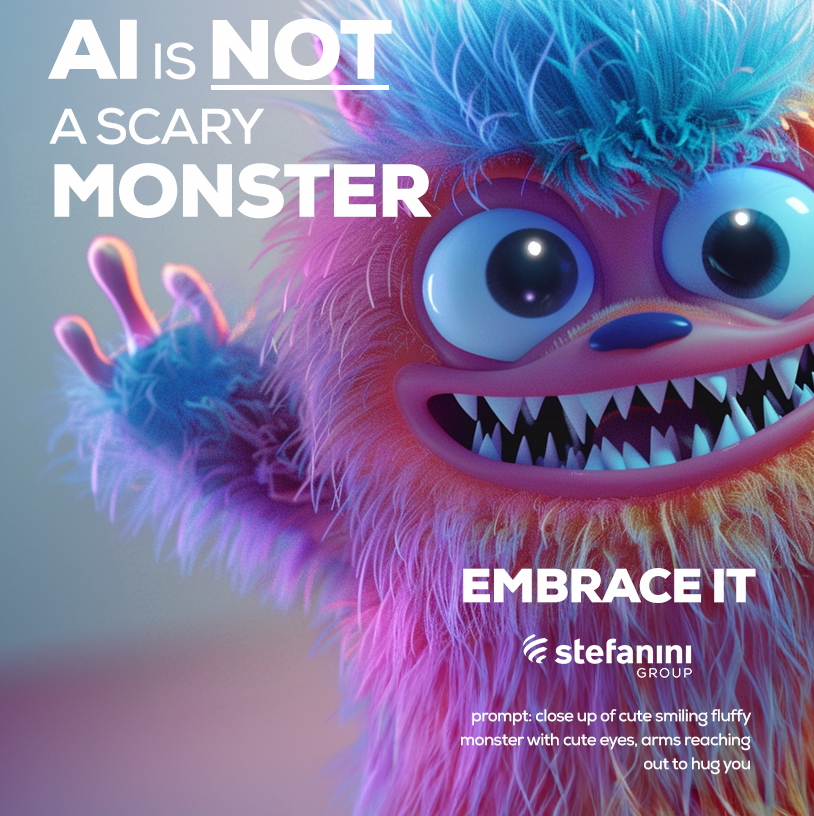Blue and pink monster image with "Ai Is not a scary monster" text