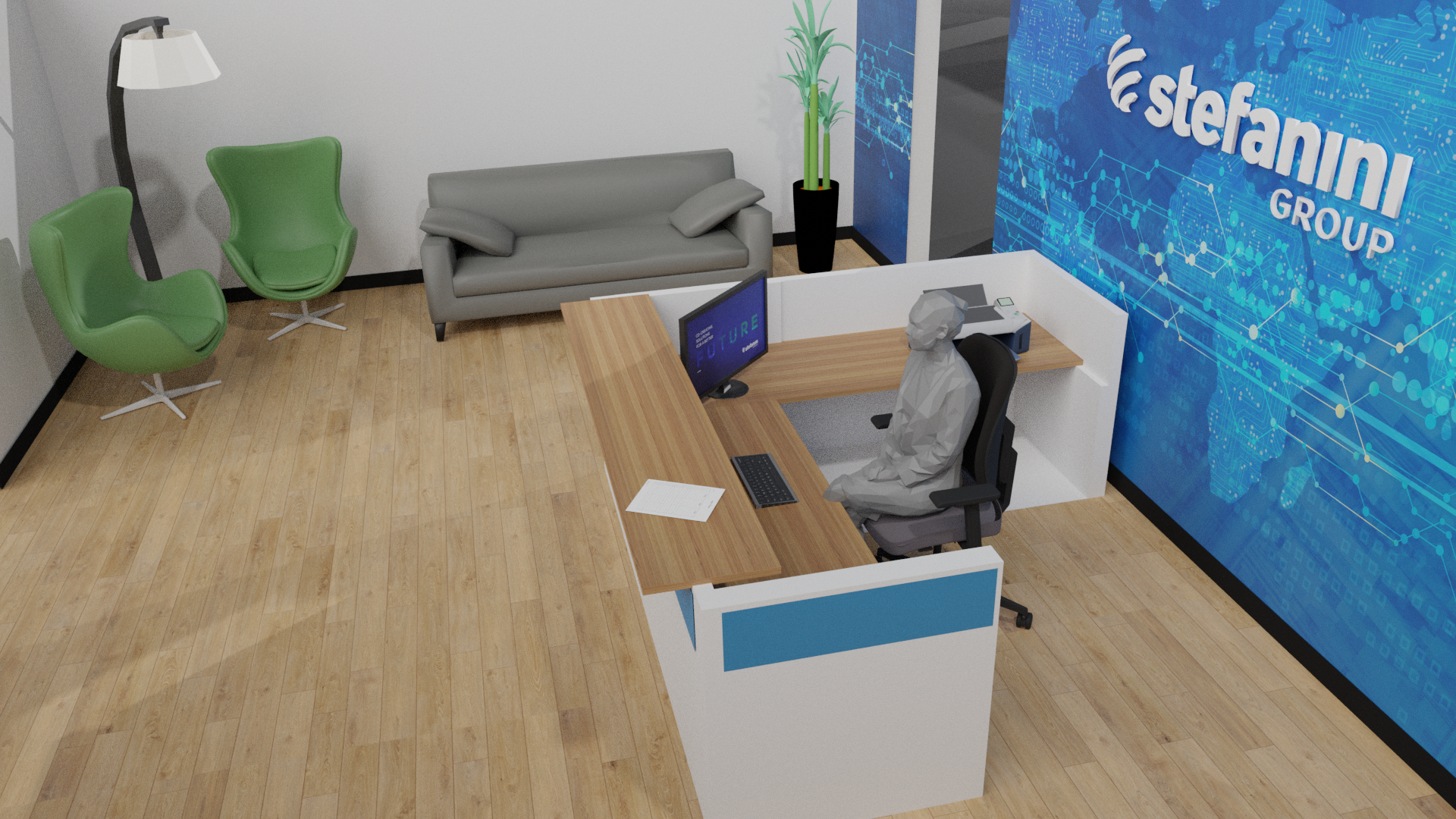 3D Blender rendering of a building Lobby with receptionist.