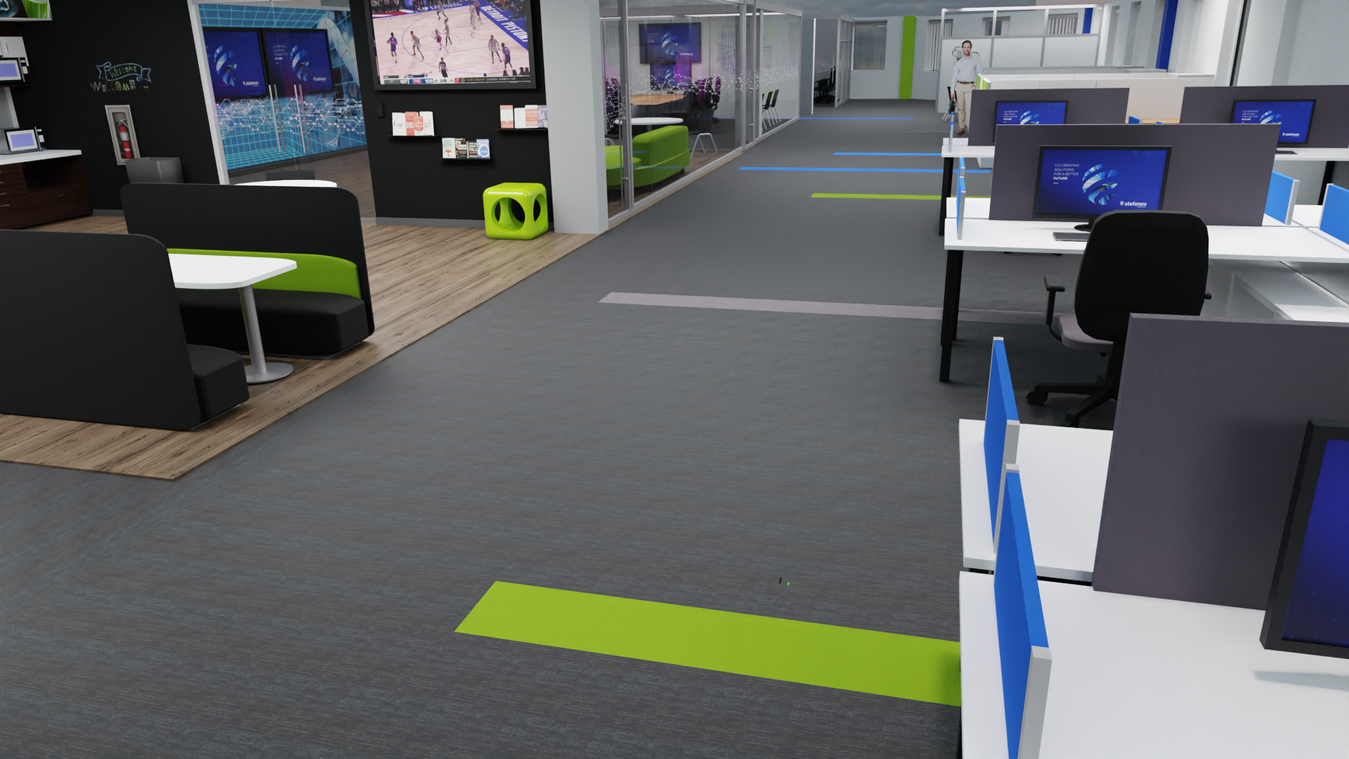 3D Blender rendering of a building Floorplan and break area.