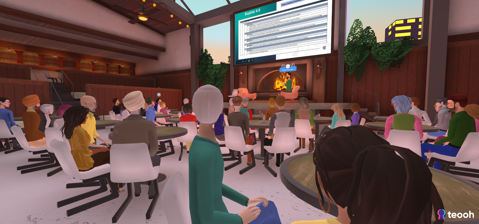 Sales event in a 3D room with Avatars at tables and speaker on stage.