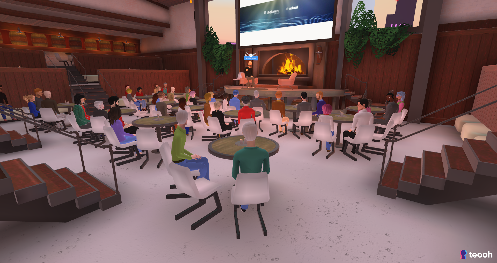 Long shot of Sales event in a 3D space with Avatars at tables.